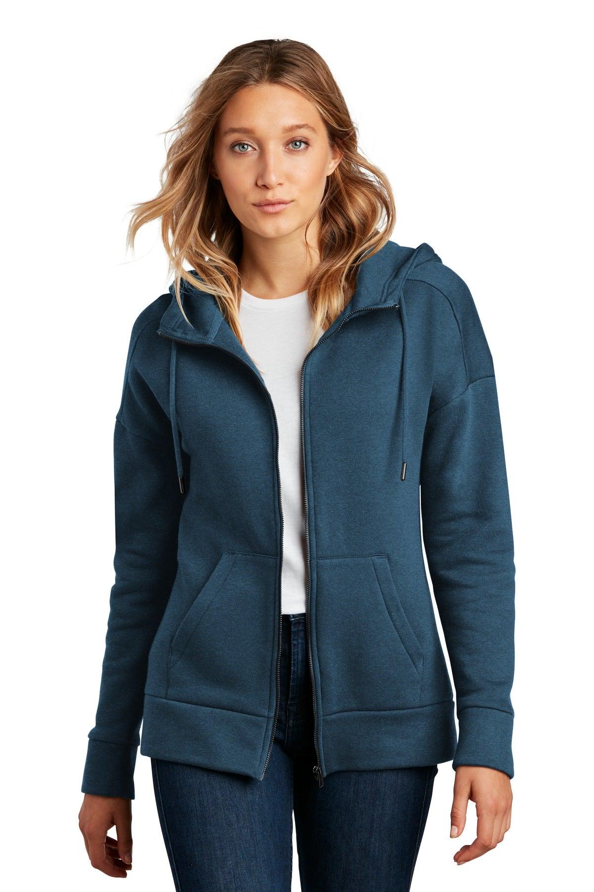 District Women's Perfect Weight Fleece Drop Shoulder Full-Zip Hoodie DT1104 - Dresses Max